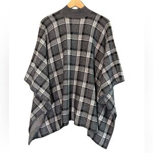 Theory Grey Florencia Soft Luster Plaid Mock Neck 100% Wool Poncho Sz S